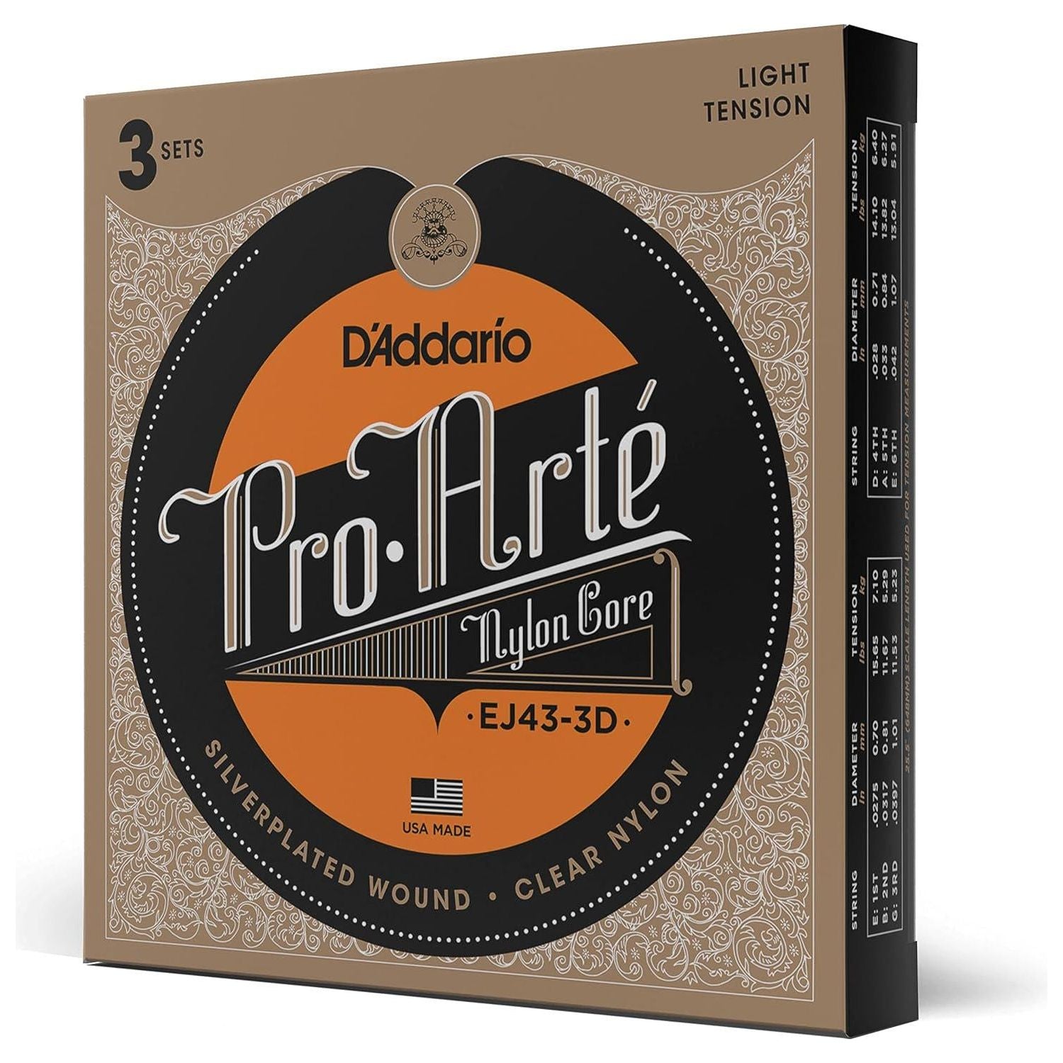 D'Addario Guitar Strings - Pro-Arte Classical Guitar Strings - EJ43-3D - Nylon Guitar Strings - Silver Plated Wound, Nylon Core - Light Tension, 3-Pack,