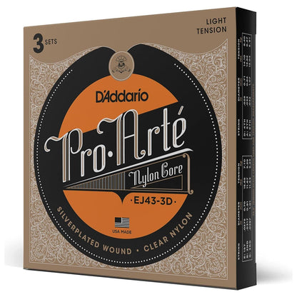D'Addario Guitar Strings - Pro-Arte Classical Guitar Strings - EJ43-3D - Nylon Guitar Strings - Silver Plated Wound, Nylon Core - Light Tension, 3-Pack,