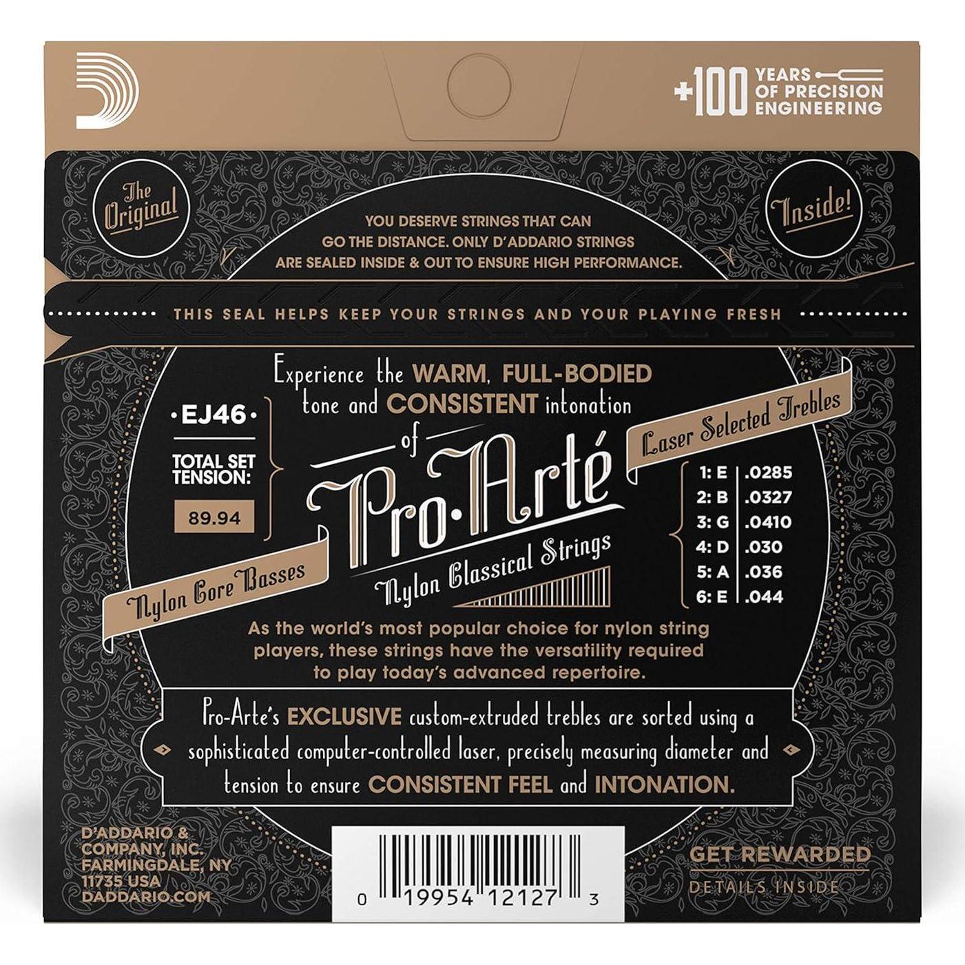 D'Addario Guitar Strings - Pro-Arte Classical Guitar Strings - EJ46 - Nylon Guitar Strings - Silver Plated Wound, Nylon Core - Hard Tension, 1-Pack,