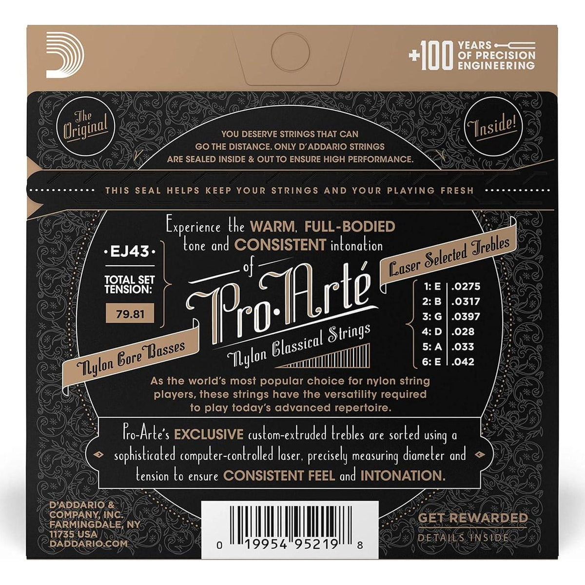 D'Addario Guitar Strings - Pro-Arte Classical Guitar Strings - EJ43 - Nylon Guitar Strings - Silver Plated Wound, Nylon Core - Light Tension, 1-Pack,