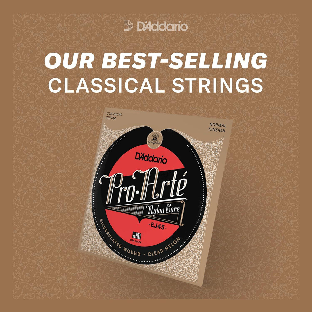 D'Addario Guitar Strings - Pro-Arte Classical Guitar Strings - EJ43 - Nylon Guitar Strings - Silver Plated Wound, Nylon Core - Light Tension, 1-Pack,