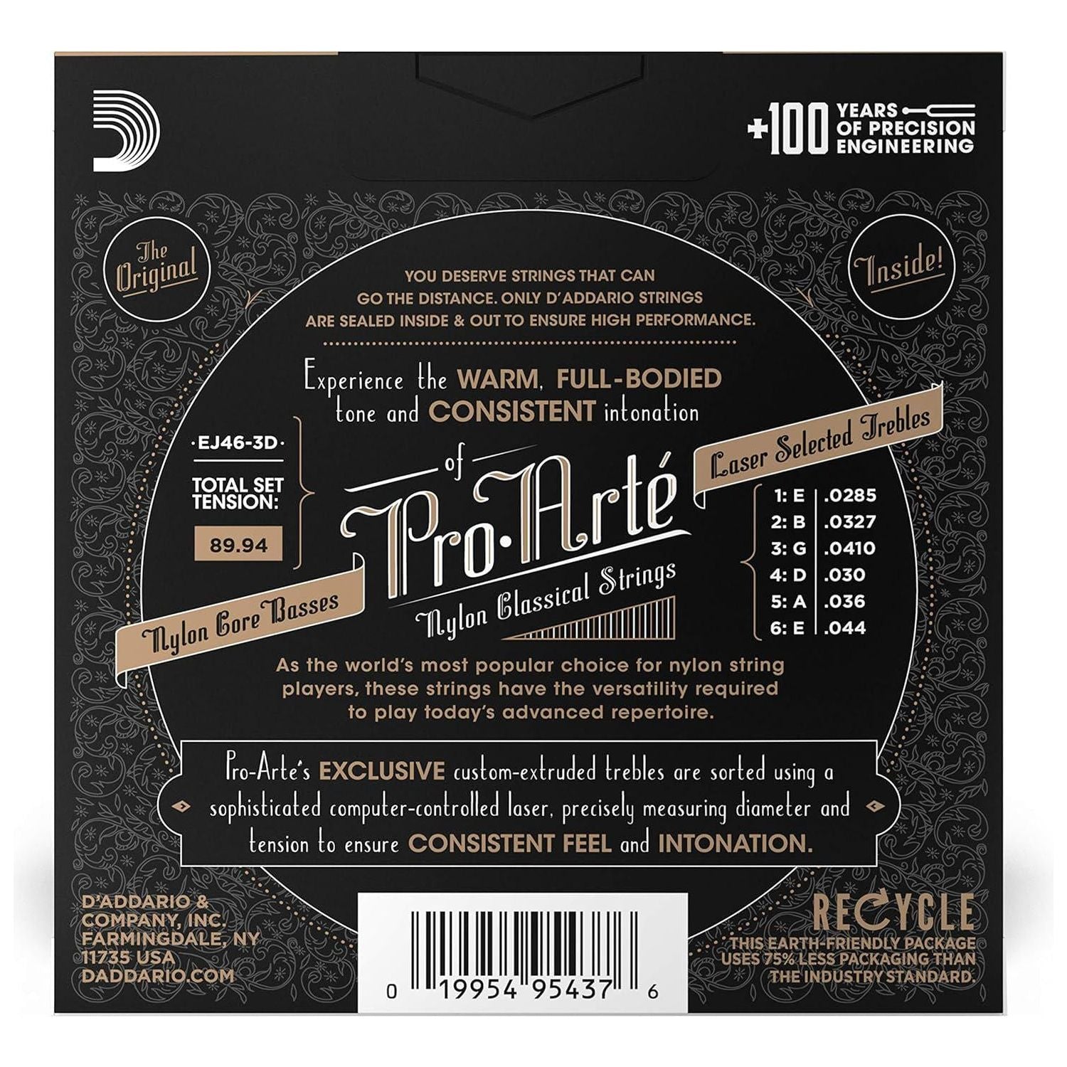 D'Addario Guitar Strings - Pro-Arte Classical Guitar Strings - EJ46-3D - Nylon Guitar Strings - Silver Plated Wound, Nylon Core - Hard Tension, 3-Pack,