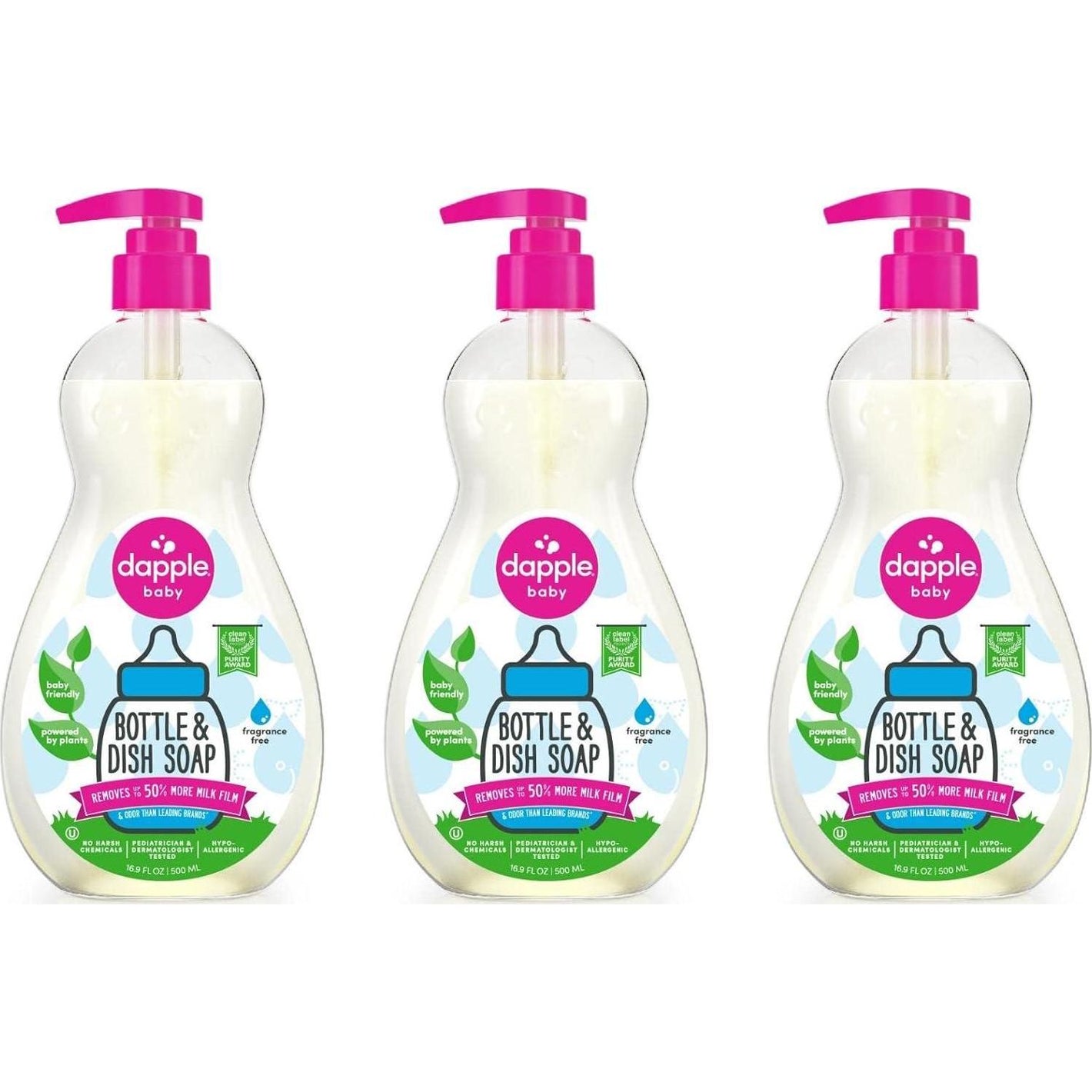 Dapple Dapple Baby Bottle Soap, Hypoallergenic Dish Soap For Baby Bottles, Powered By Plants, 1 Pump Included, Packaging May Vary, Fragrance Free, 16.9 Fl Oz (Pack Of 3)
