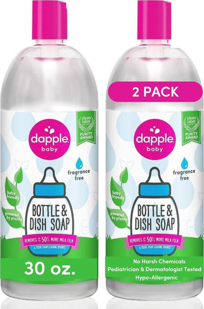 Dapple Baby Bottle Soap, Hypoallergenic Dish Soap for Baby Bottles, Powered by Plants, Fragrance-Free, 30 fl oz, Refill Pack of 2