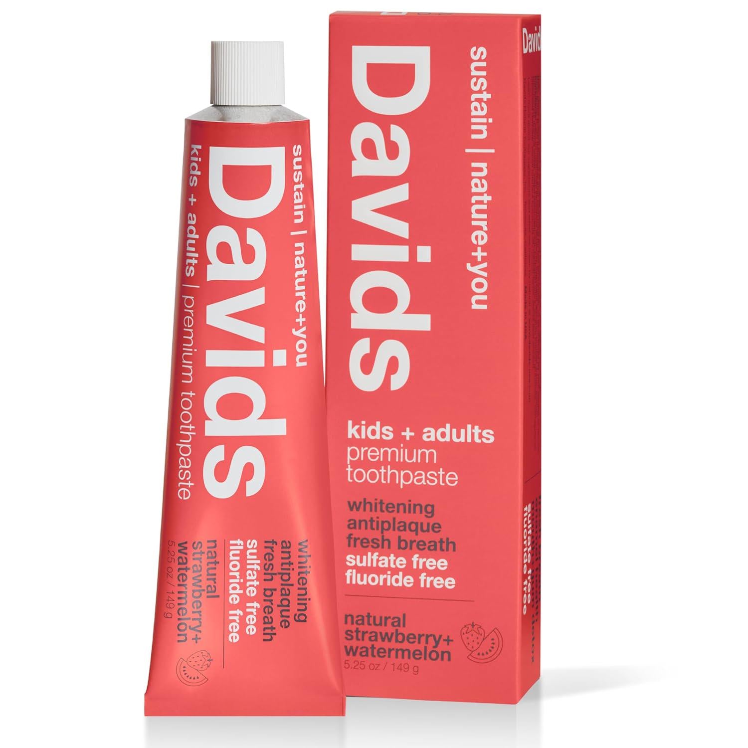Davids Fluoride Free Kids And Adults Toothpaste, Teeth Whitening, Antiplaque, SLS (Sulfate) Free, Promotes Enamel Health, Mouth And Gum Detox, Natural Strawberry Watermelon, 5.25oz,