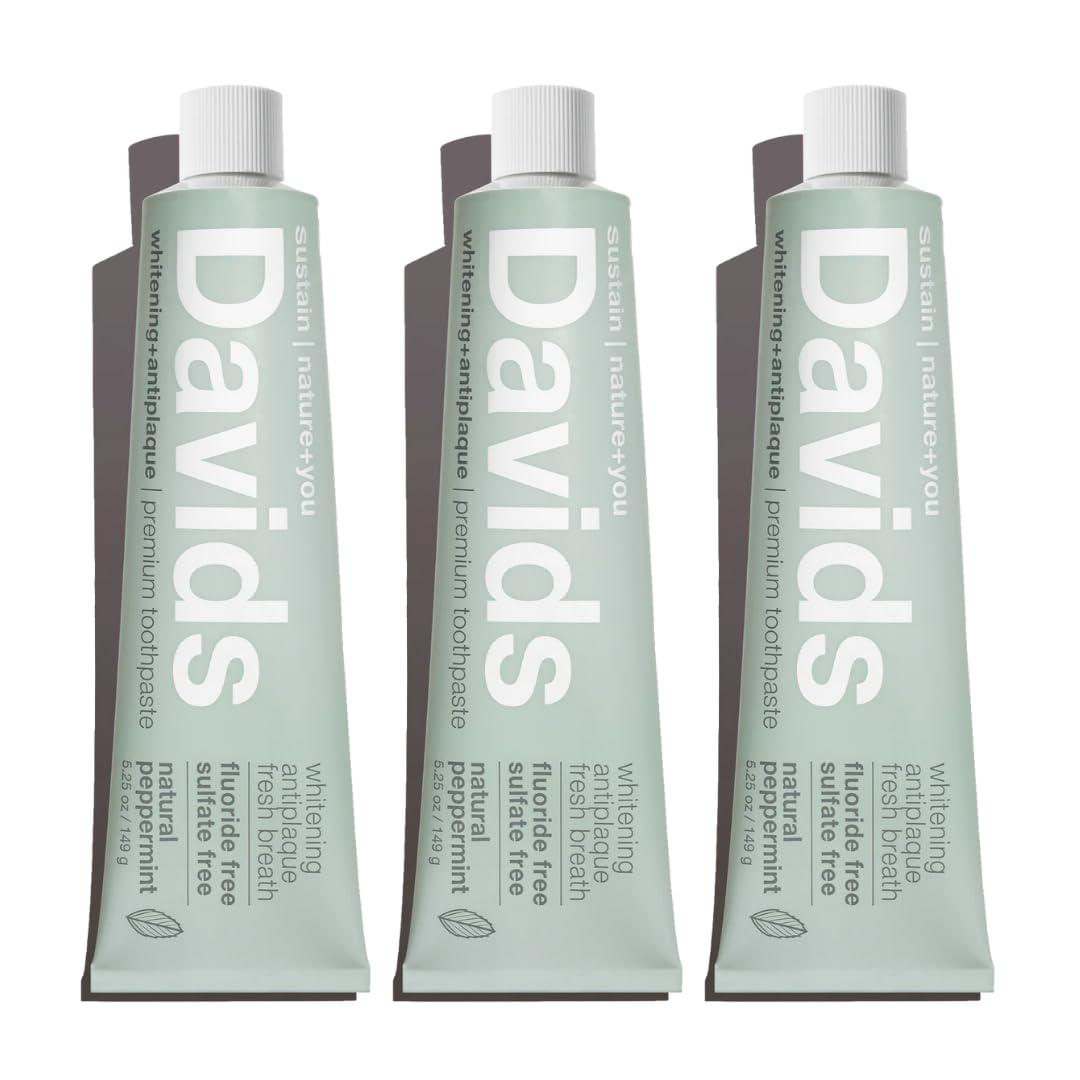 Davids Fluoride Free Toothpaste, Teeth Whitening, Antiplaque, SLS (Sulfate) Free, Promotes Enamel Health, Mouth And Gum Detox, EWG Verified, Natural Peppermint, 5.25oz (3 Pack),