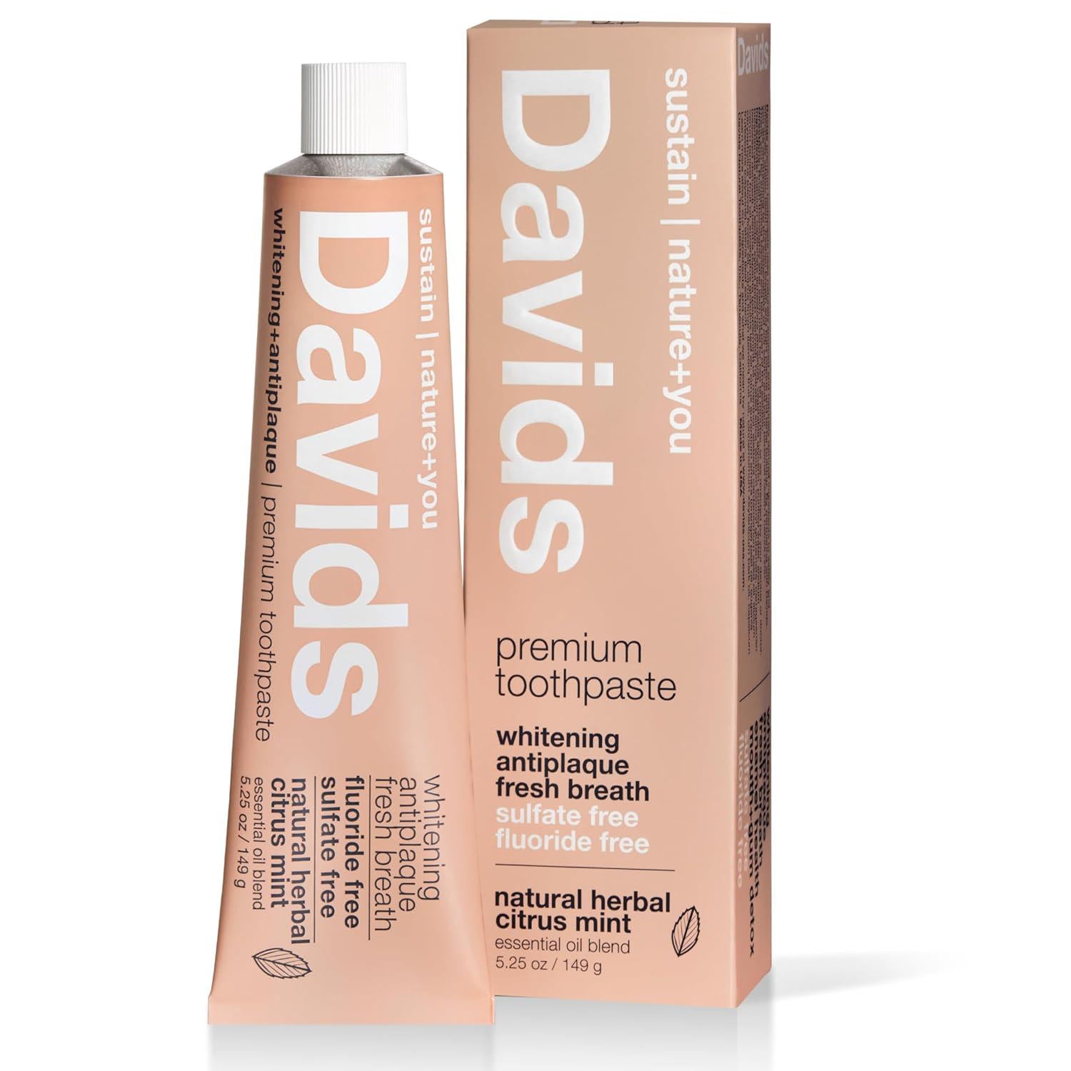 Davids Fluoride Free Toothpaste, Teeth Whitening, Antiplaque, SLS (Sulfate) Free, Promotes Enamel Health, Mouth And Gum Detox, EWG Verified, Natural Herbal Citrus Mint, 5.25oz,