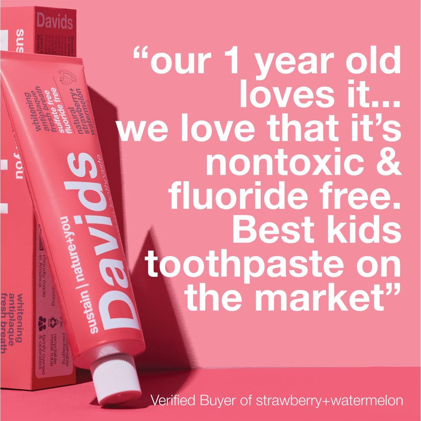 Davids Fluoride Free Kids And Adults Toothpaste, Teeth Whitening, Antiplaque, SLS (Sulfate) Free, Promotes Enamel Health, Mouth And Gum Detox, Natural Strawberry Watermelon, 5.25oz,