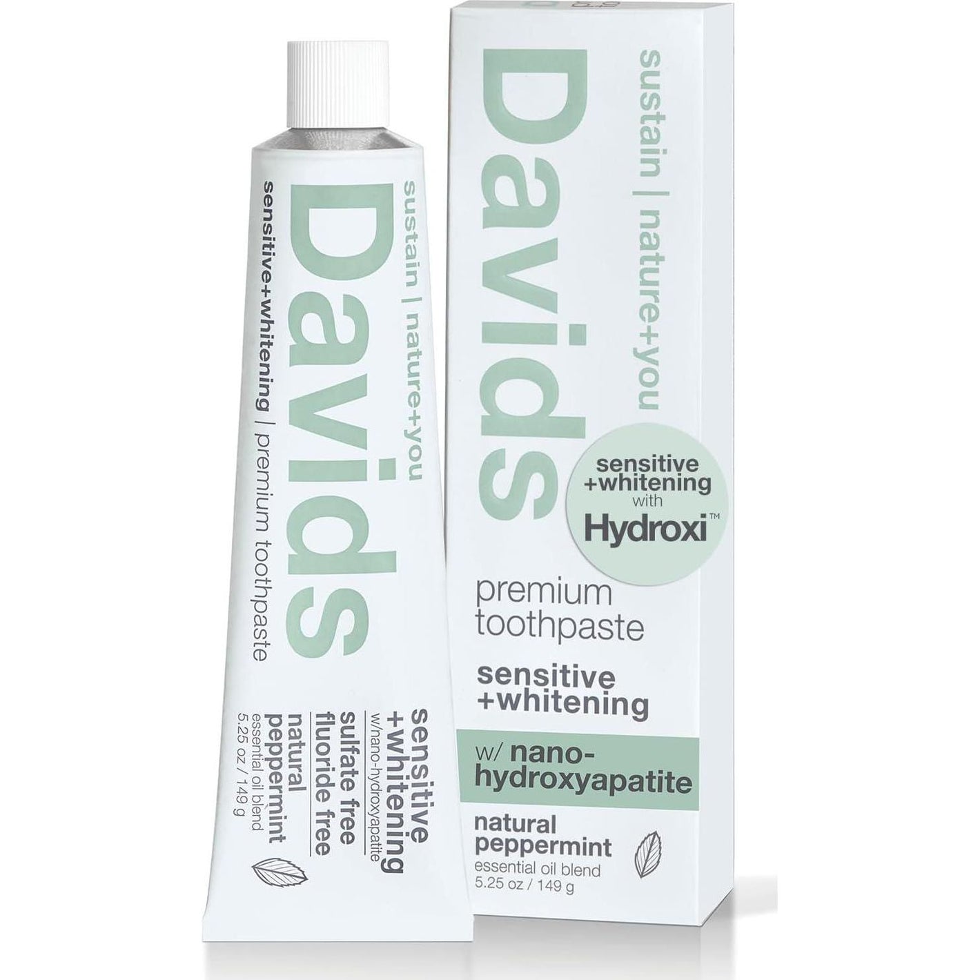 Davids Davids Hydroxi Fluoride Free Nano Hydroxyapatite Toothpaste For Remineralizing Enamel And Sensitive Relief, Whitening, Antiplaque, SLS Free, Natural Peppermint, 5.25oz, Made In USA