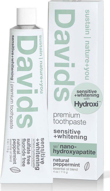 David's Natural Fluoride-Free Nano Hydroxyapatite Toothpaste, 4oz, Remineralizes Enamel, Whitening & Plaque Removal, Peppermint, Made in USA