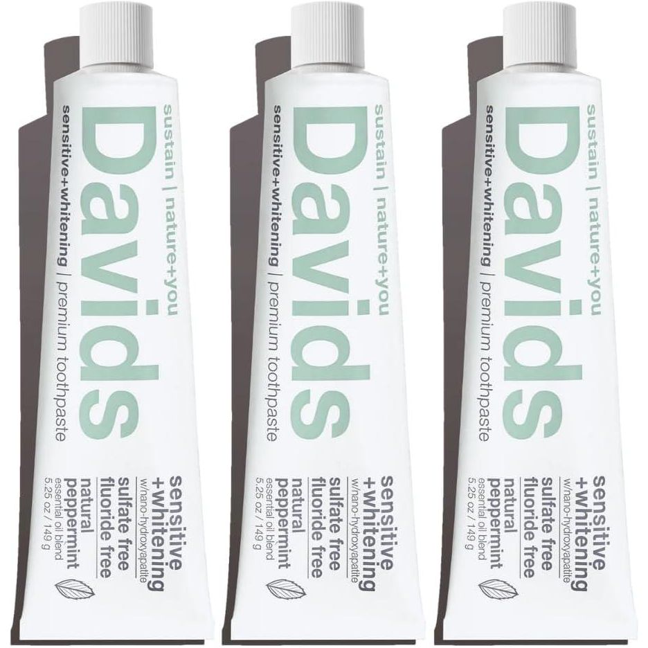 Davids Davids Hydroxi Fluoride Free Nano Hydroxyapatite Toothpaste For Remineralizing Enamel And Sensitive Relief, Whitening, Antiplaque, SLS Free, Natural Peppermint, 5.25oz, Made In USA (3 Pack)