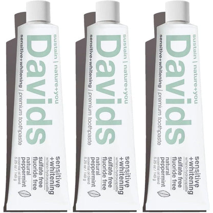 Davids Davids Hydroxi Fluoride Free Nano Hydroxyapatite Toothpaste For Remineralizing Enamel And Sensitive Relief, Whitening, Antiplaque, SLS Free, Natural Peppermint, 5.25oz, Made In USA (3 Pack)