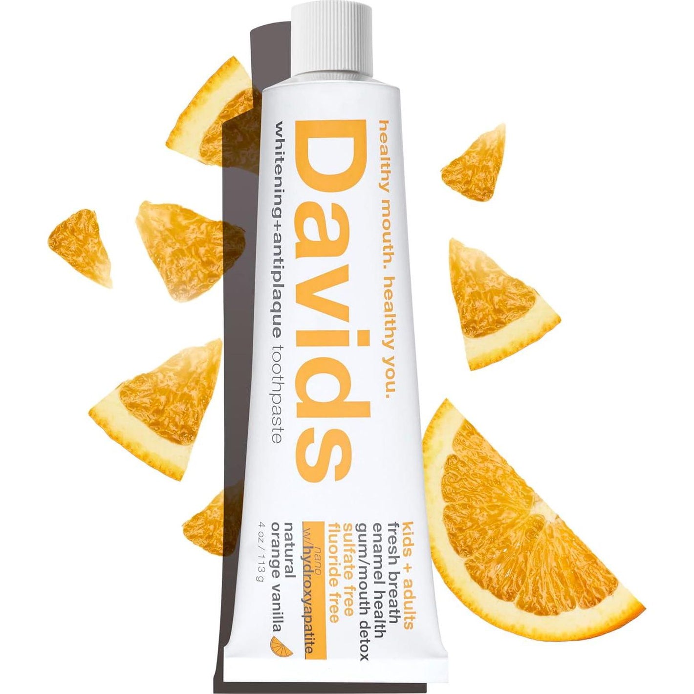 Davids Davids Hydroxi Fluoride Free Kids Nano Hydroxyapatite Toothpaste For Remineralizing Enamel And Sensitive Relief, Antiplaque, SLS Free, Whitening, Orange Vanilla, 4oz, Made In USA