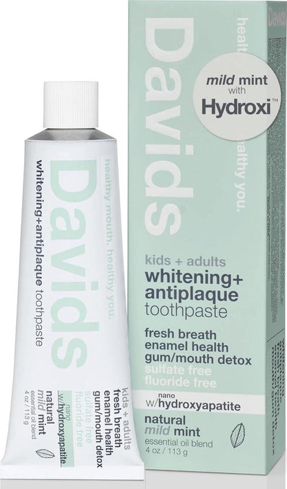 Davids Davids Hydroxi Mild Mint Fluoride Free Nano Hydroxyapatite Toothpaste For Enamel Health And Whitening, Antiplaque, SLS Free, Kid Friendly Gentle Mint Flavor, 4 Oz, Made In USA