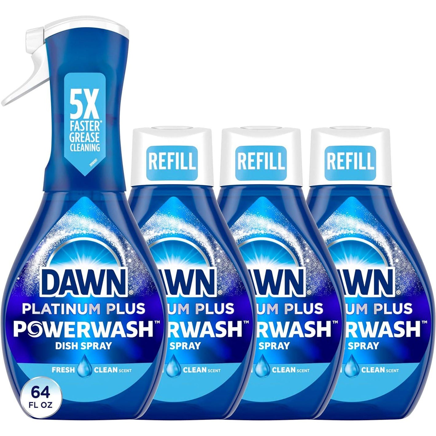 Dawn Platinum Powerwash Dish Spray, Dish Soap Liquid, Fresh Scent, Bundle: 1 Spray 16oz + 3 Refills 16oz Each, Pack of 4