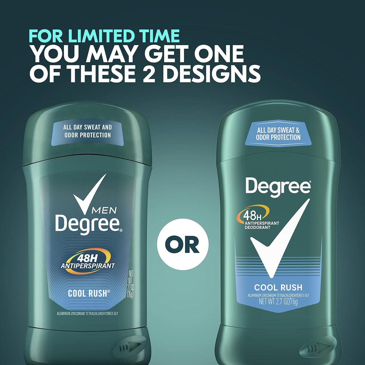Degree Men Original Antiperspirant Deodorant 48-Hour Odor Protection Cool Rush Mens Deodorant Stick 2.7 Oz, 2 Count,