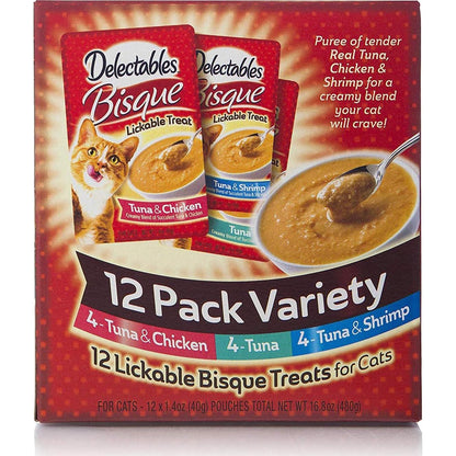 Delectables Bisque Lickable Cat Treats, Chicken, Tuna & Shrimp Variety, Wet Puree Texture, 12 Ct Pack