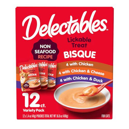 Delectables Bisque Lickable Wet Cat Treats Non Seafood Variety Pack 12 Count Easy to Serve