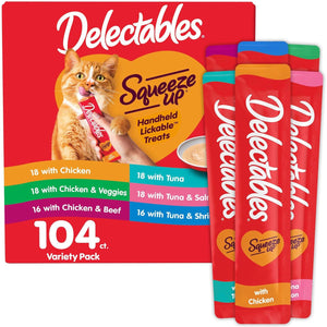 Delectables Squeeze Up Cat Treats 0.5 oz Tubes 104 Count Creamy Puree Variety Pack Lickable Grain Free