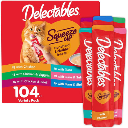 Delectables Squeeze Up Cat Treats 0.5 oz Tubes 104 Count Creamy Puree Variety Pack Lickable Grain Free