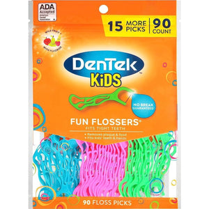 Dentek Kids Fun Flossers, 90 Count, Fun Shaped Floss Picks for Kids, Helps Remove Food & Plaque
