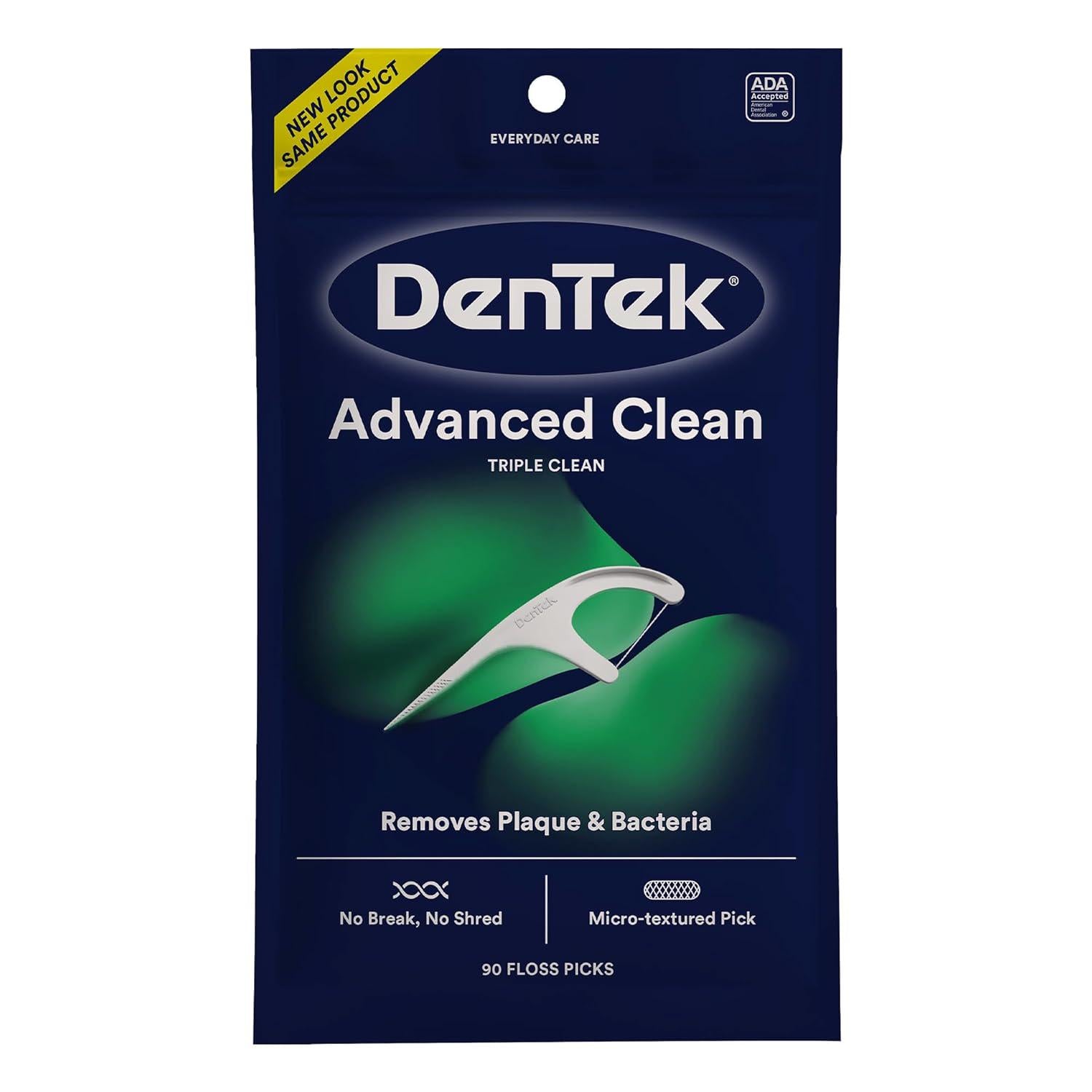 DenTek Triple Clean Advanced Clean Floss Picks, No Break And No Shred Floss, 90 Count, White,