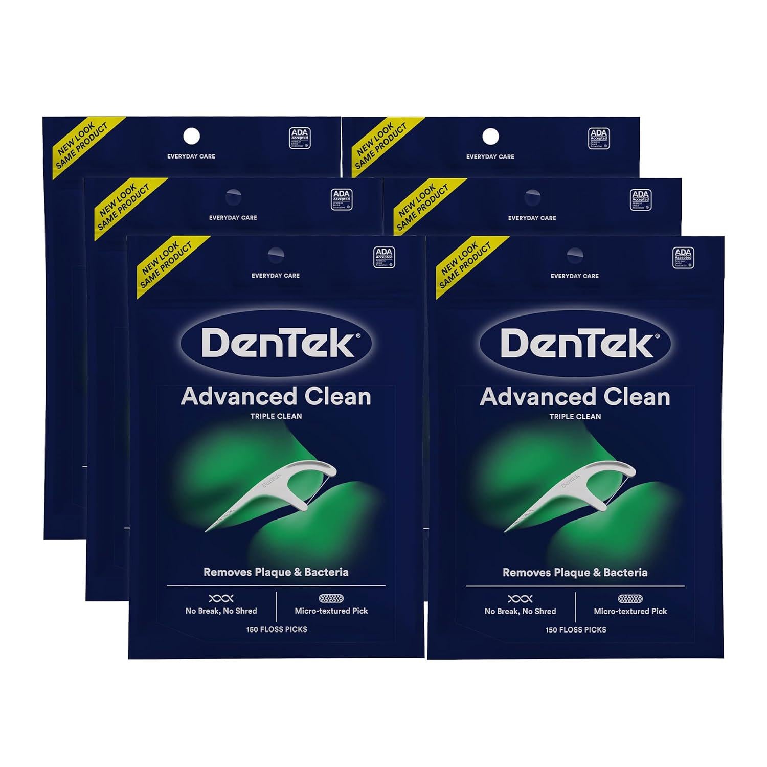 DenTek Triple Clean Advanced Clean Floss Picks, No Break And No Shred Floss, 150 Count, 6 Pack,