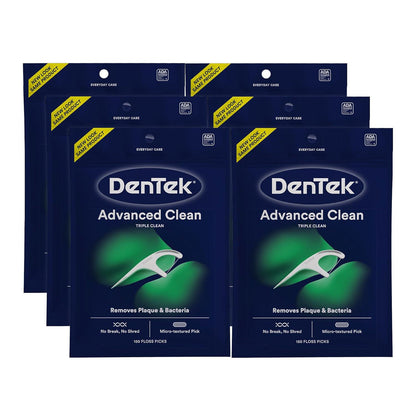 DenTek Triple Clean Advanced Clean Floss Picks, No Break And No Shred Floss, 150 Count, 6 Pack,