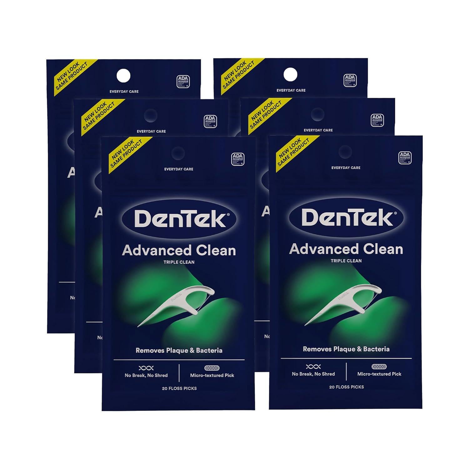 DenTek Triple Clean Advanced Clean Floss Picks, No Break And No Shred Floss, 20 Count, 6 Pack,