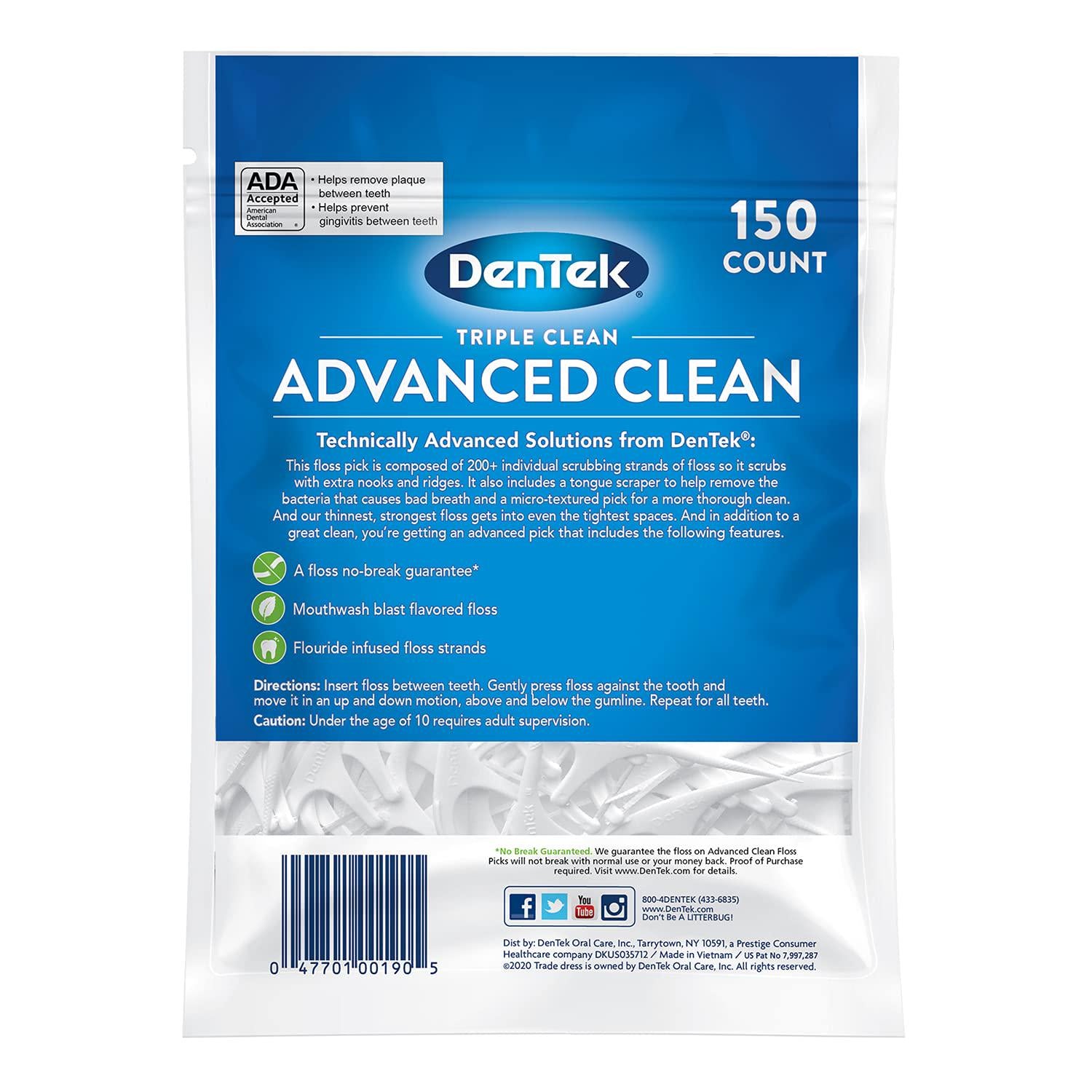DenTek Triple Clean Advanced Clean Floss Picks, No Break And No Shred Floss, 150 Count, (Packaging May Vary),