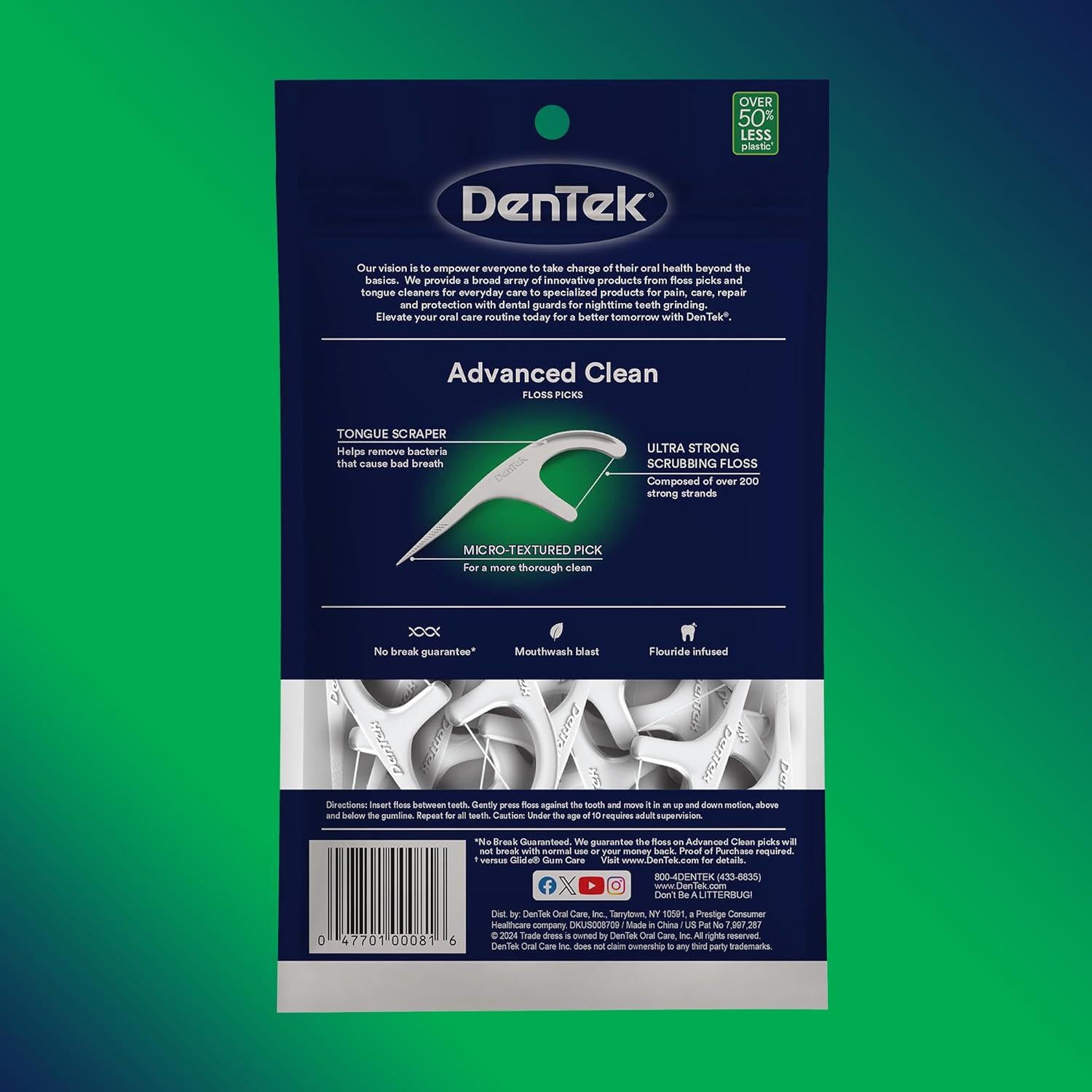 DenTek Triple Clean Advanced Clean Floss Picks, No Break And No Shred Floss, 90 Count, White,