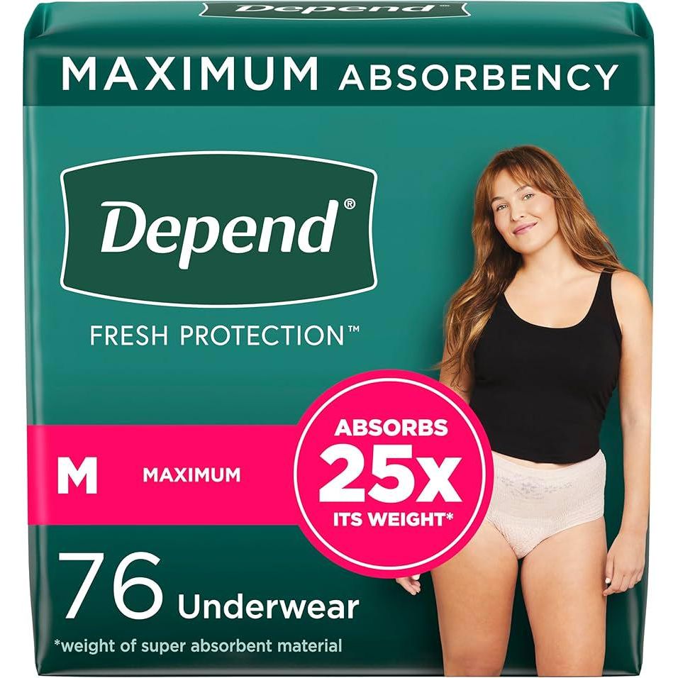 Depend Depend Fresh Protection Adult Incontinence And Postpartum Bladder Leak Underwear For Women, Disposable, Maximum, Medium, Blush, 76 Count (2 Packs Of 38), Packaging May Vary