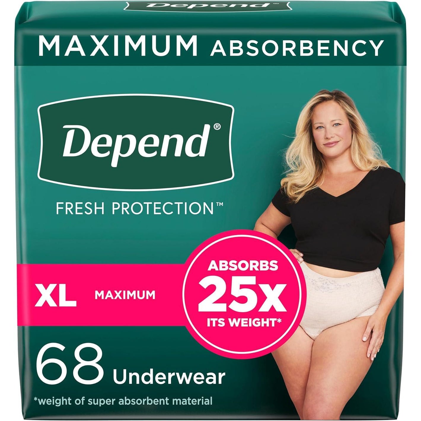 Depend Fresh Protection Adult Incontinence Underwear for Women, Maximum Absorbency, Extra Large, 68 Count (2 Packs of 34)