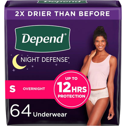 Depend Depend Night Defense Adult Incontinence And Postpartum Bladder Leak Underwear For Women, Disposable, Overnight, Small, Blush, 64 Count (4 Packs Of 16), Packaging May Vary