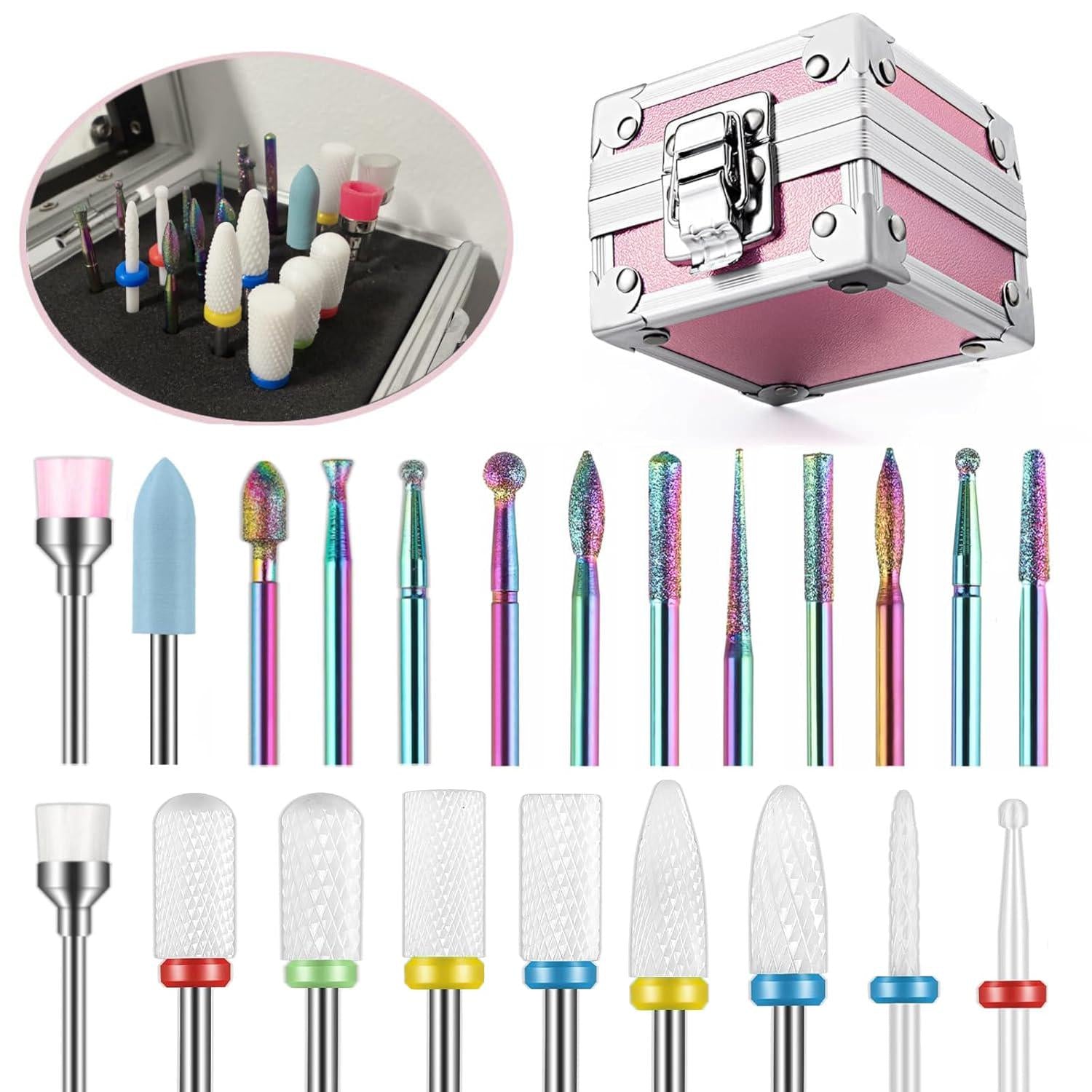 Depvko 21Pcs Nail Drill Bits Set With Portable Pink Case, 3/32 Inch Drill Bits For Nails, Ceramic Diamond Carbide Cuticle Nail Bits Effile Remover Bits Bits For Home Salon Acrylic Gel Nail Polish,