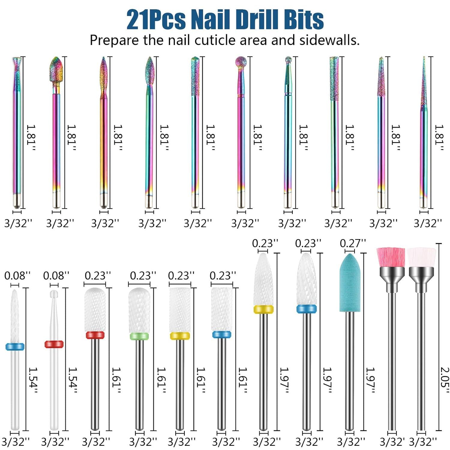 Depvko 21pcs Nail Drill Bits Sets, 3/32 Inch Diamond Cuticle Electric Nail File And Ceramic Acrylic Gel Nail Bit Kit, Acrylic Nail Art Tools, Carbide Remover Bits For Manicure Pedicure, Home Salon,