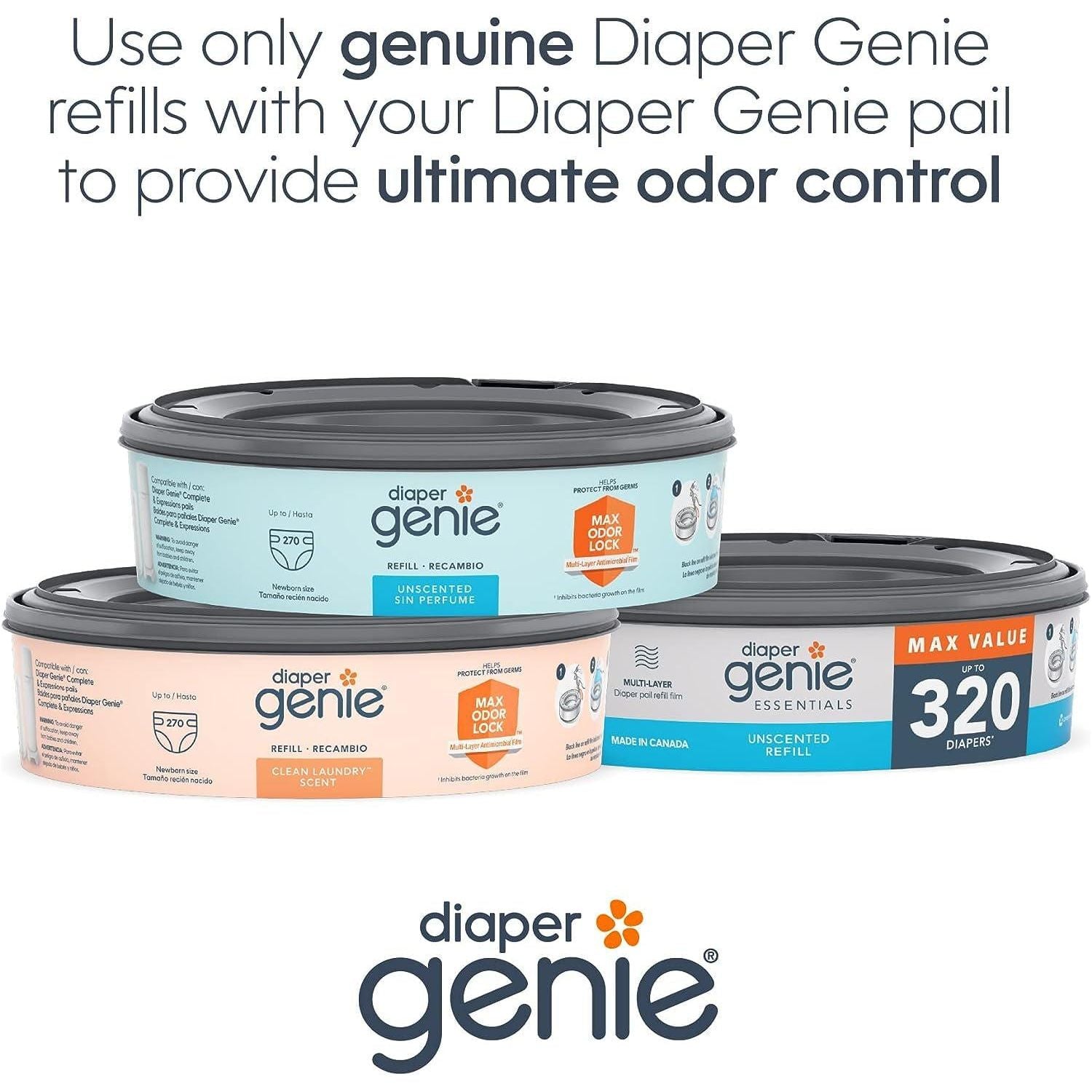 Diaper Genie Essentials Round Refill Pack Of 4 | Holds Up To 1280 Newborn Diapers | Features Unscented Continuous Film | Compatible With Diaper Genie Complete And Expressions Pails,