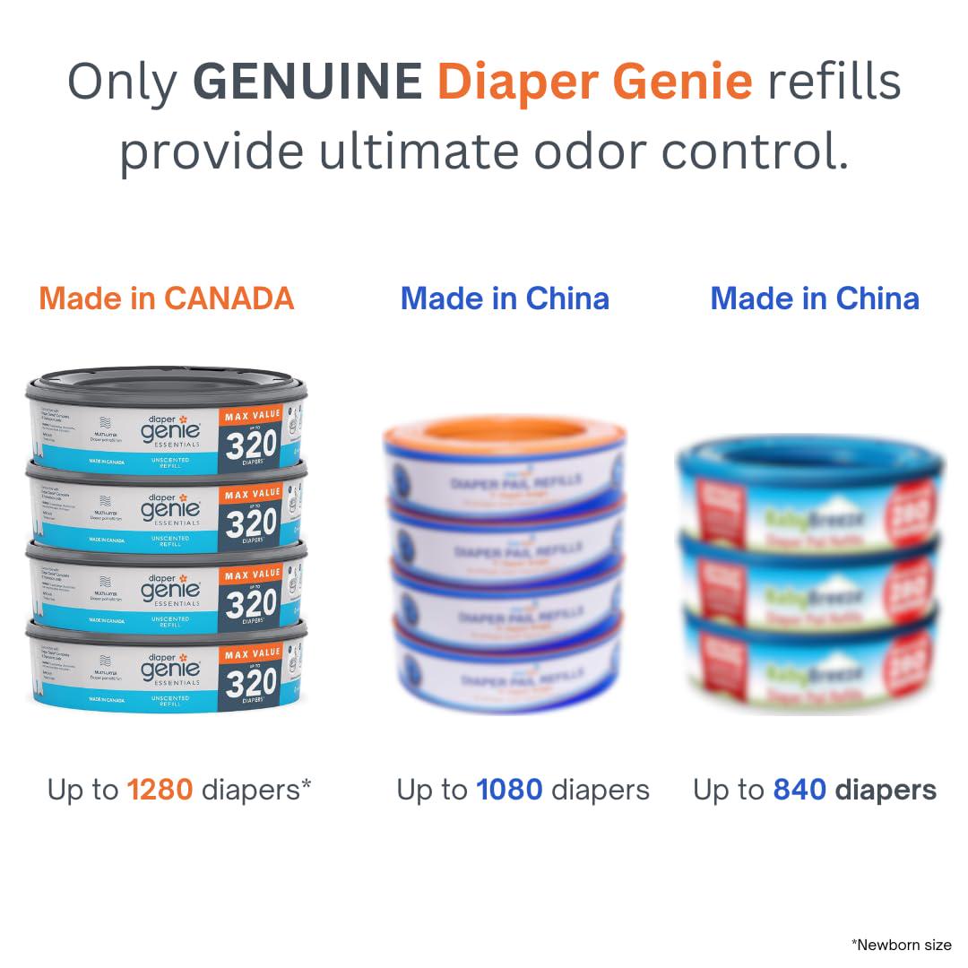 Diaper Genie Essentials Round Refill Pack Of 4 | Holds Up To 1280 Newborn Diapers | Features Unscented Continuous Film | Compatible With Diaper Genie Complete And Expressions Pails,