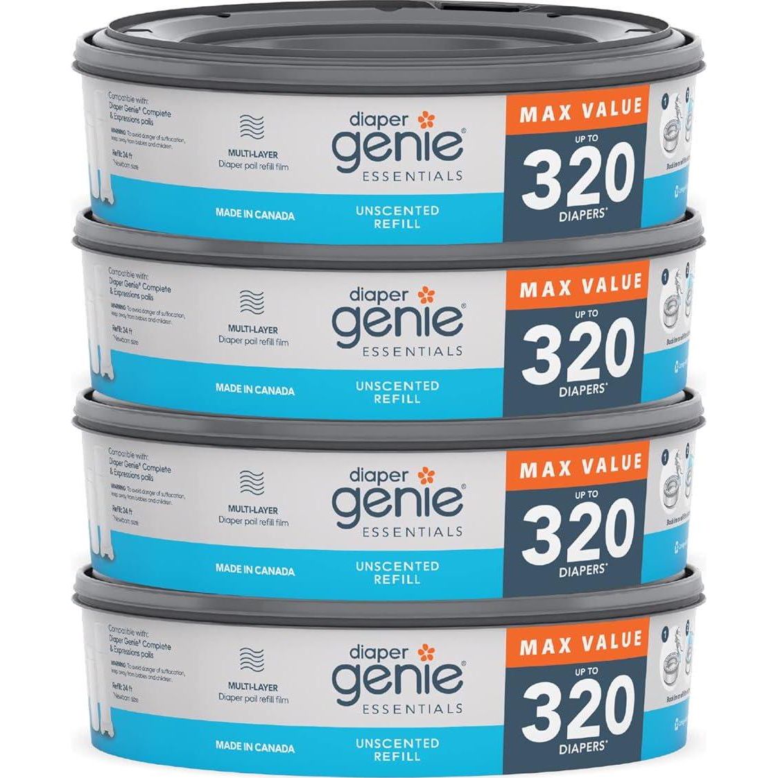 Diaper Genie Essentials Round Refill Pack Of 4 | Holds Up To 1280 Newborn Diapers | Features Unscented Continuous Film | Compatible With Diaper Genie Complete And Expressions Pails,