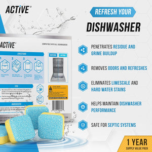 Active Dishwasher Cleaner & Deodorizer Tablets, Deep Cleaning Descaler, 24 Pack, Septic Safe, Limescale Remover