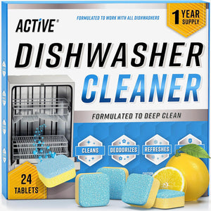 Active Dishwasher Cleaner & Deodorizer Tablets, Deep Cleaning Descaler, 24 Pack, Septic Safe, Limescale Remover
