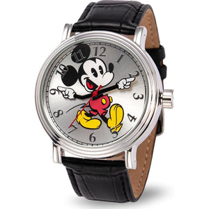 Disney Mickey Adult Analog Watch, 1 Pc, Silver Case, Black Strap, Vintage Mickey Hands, Quartz Movement