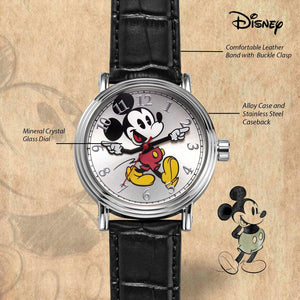 Disney Mickey Adult Analog Watch, 1 Pc, Silver Case, Black Strap, Vintage Mickey Hands, Quartz Movement