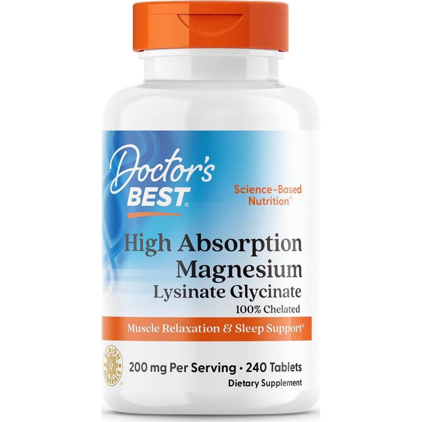Doctor's Best Doctor's Best High Absorption Magnesium Glycinate Lysinate, 100% Chelated, Non-GMO, Vegan, Gluten And Soy Free, 200 Mg, 240 Count