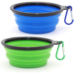 Collapsible Pet Bowls 2 Pack Small Blue and Green Feeding and Watering Bowls with Carabiners for Travel