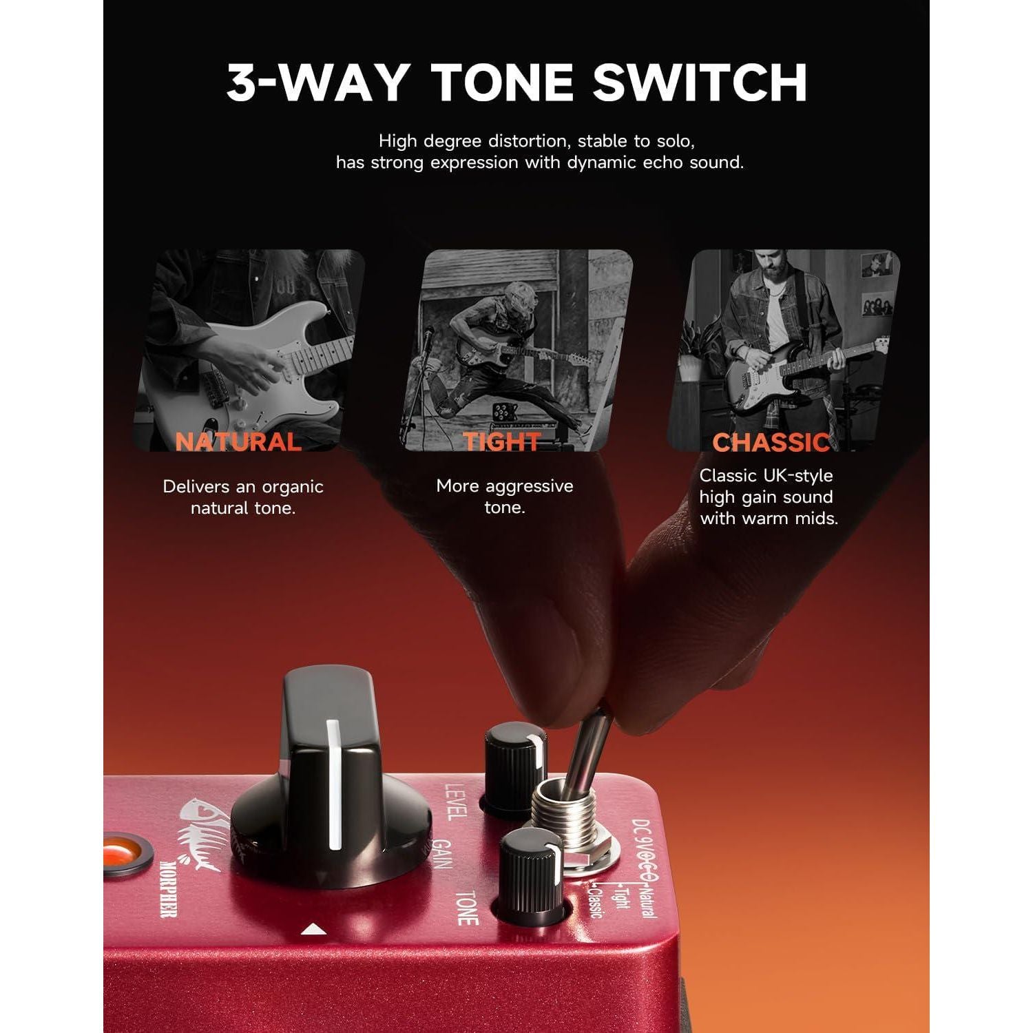 Donner Distortion Guitar Pedal, Morpher Mini Distortion 3 Modes Natural, Tight, Classic Crunch 80s Metal For Electric Guitar True Bypass,