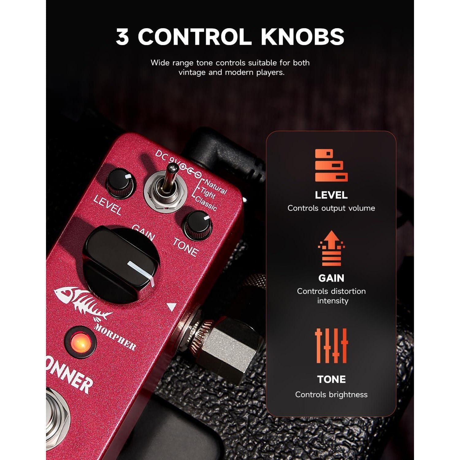 Donner Distortion Guitar Pedal, Morpher Mini Distortion 3 Modes Natural, Tight, Classic Crunch 80s Metal For Electric Guitar True Bypass,