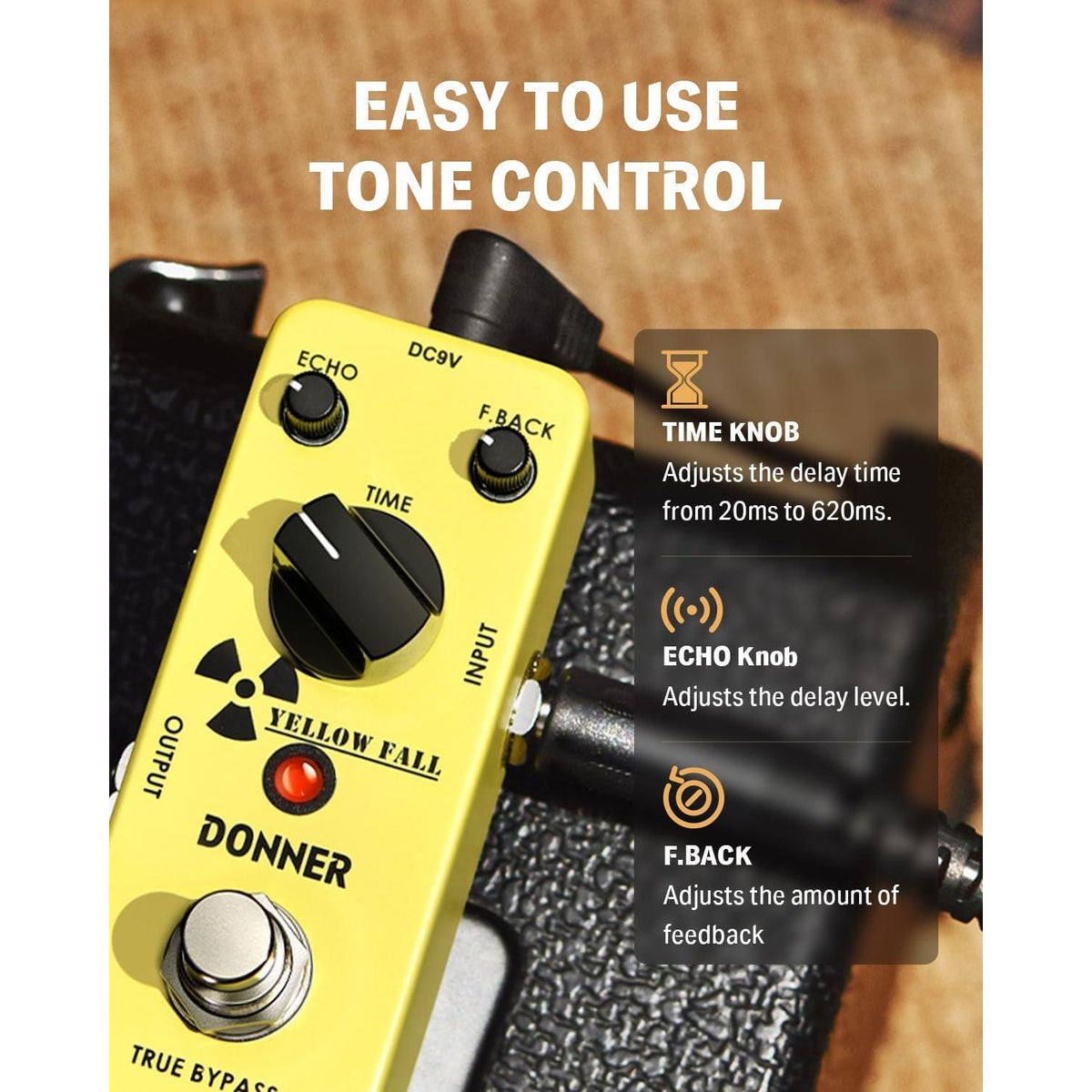 Donner Guitar Delay Pedal For Pedal Boards, Electric Guitar, Yellow Fall Analog Delay Mini Guitar Effect Pedal Vintage Delay, True Bypass,