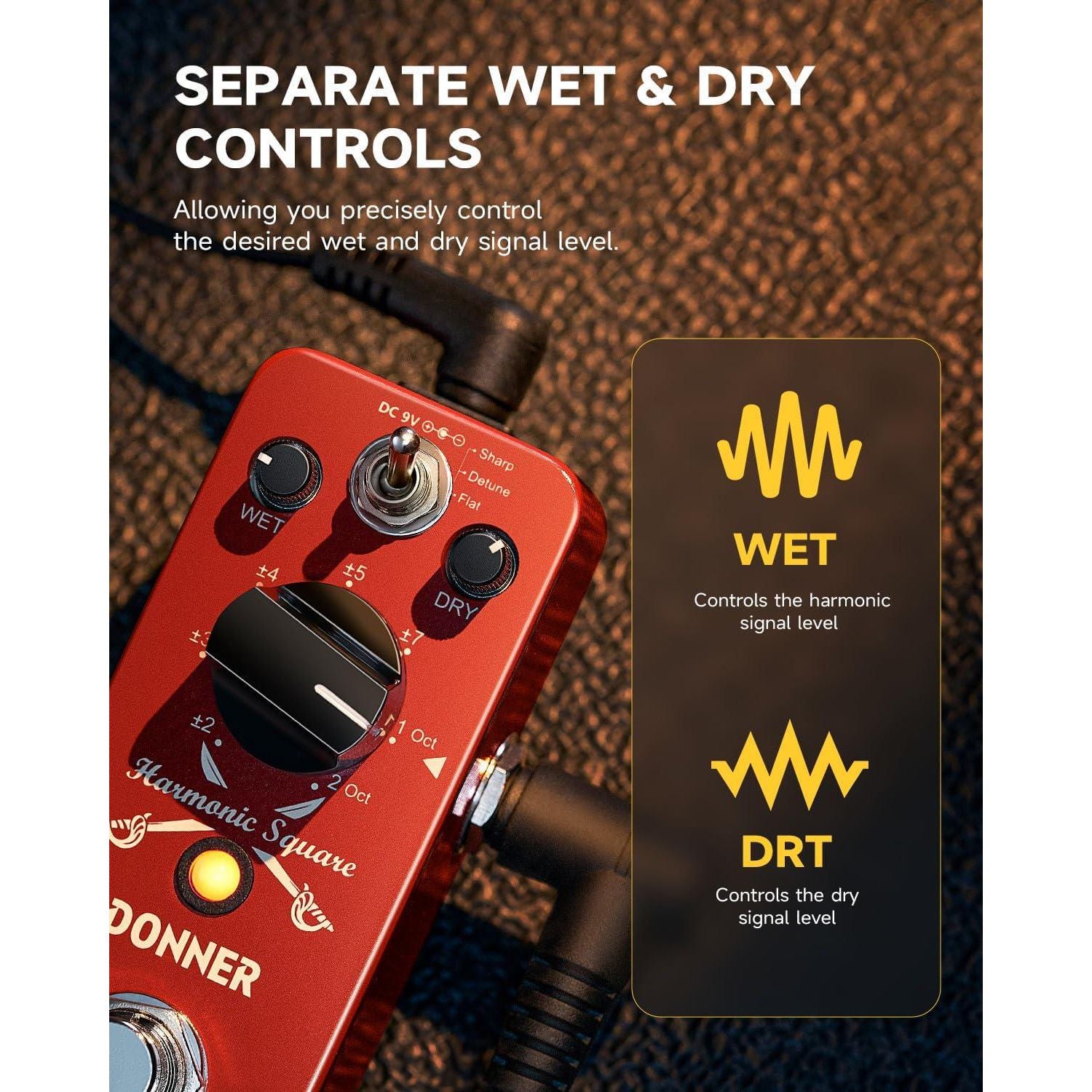 Donner Octave Guitar Pedal, Harmonic Square Digital Octave Mini Pedal Pitch Shifter 7 Shift Types 3 Tone Modes Sharp Detune Flat True Bypass,