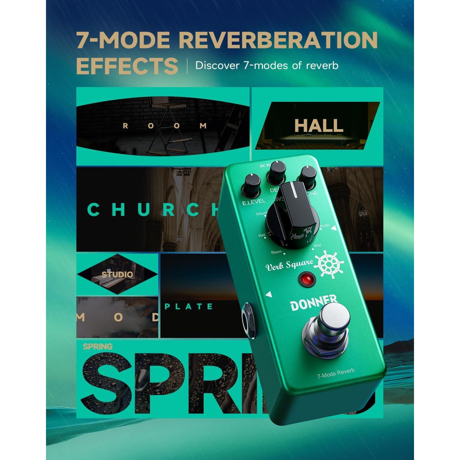 Donner Reverb Guitar Pedal, Verb Square Digital Reverb 7 Modes Room, Hall, Church, Spring, Plate, Studio, Mod, True Bypass,